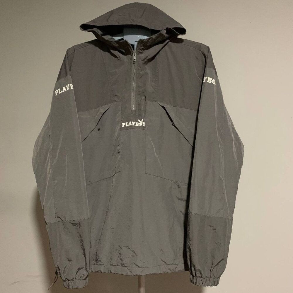 Playboy by PacSun Nylon Anorak Pullover Windbreaker Jacket Gray Hood M - Picture 2 of 9